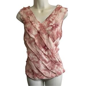 100% Silk Vintage Petal Pink Floral Size 8 Top Ruffles Coquette, Adrianna Papell